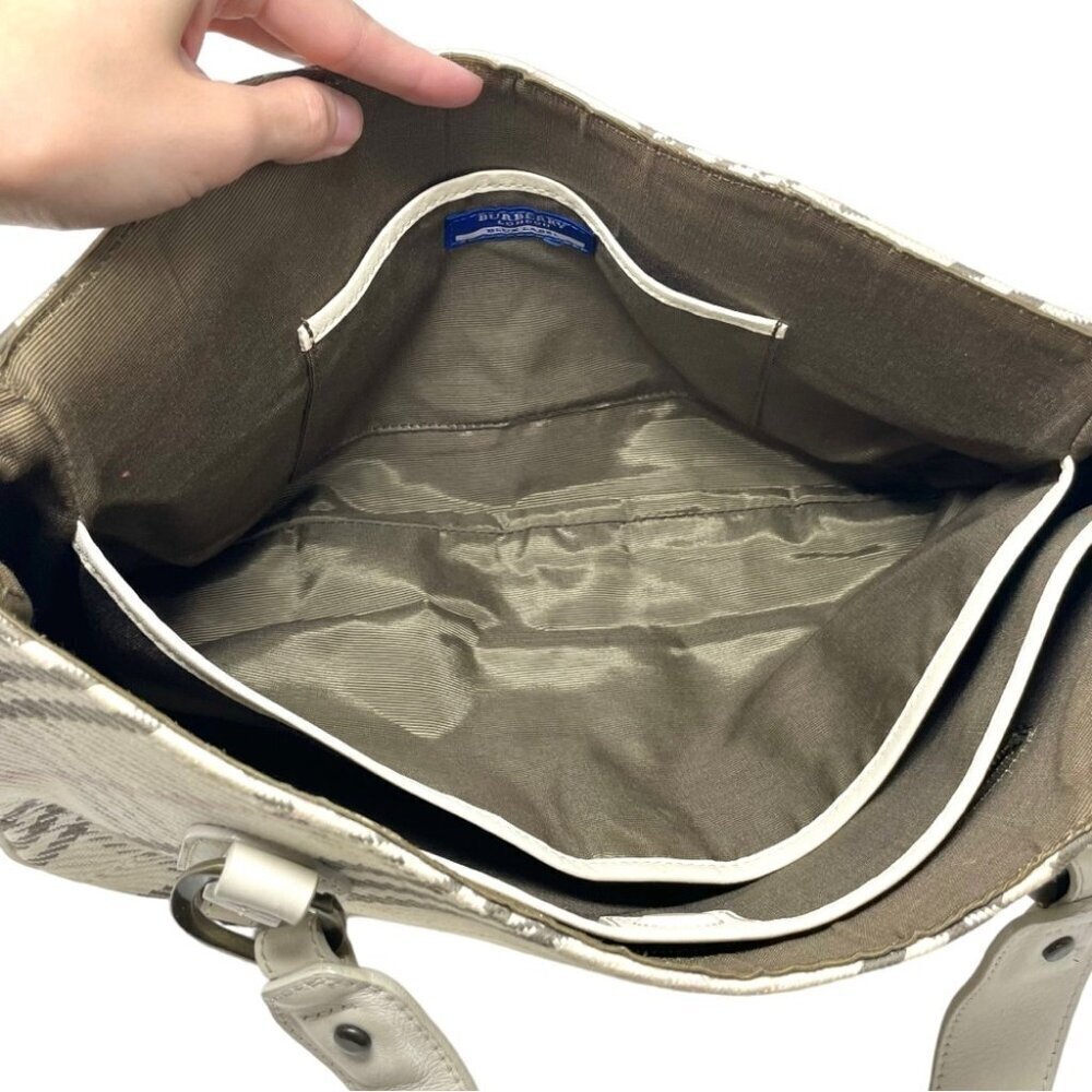 Burberry Blue Label Cream Cotton and Leather Plaid Satchel Shoulder Bag - Picture 11 of 15